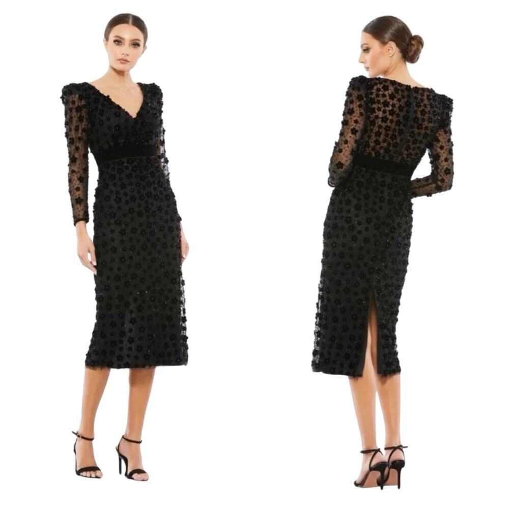 Mac Duggal 67856 Embellished V-Neck Illusion Long Sleeve Column Midi Size 12 NWT